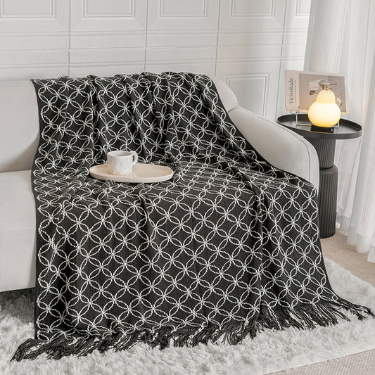 Black Cozy Geometric Knitted Throw Blanket with Tassels - Soft Acrylic Decorative Sofa & Bed Cover, 130x180cm V888-ELOSUNG27993