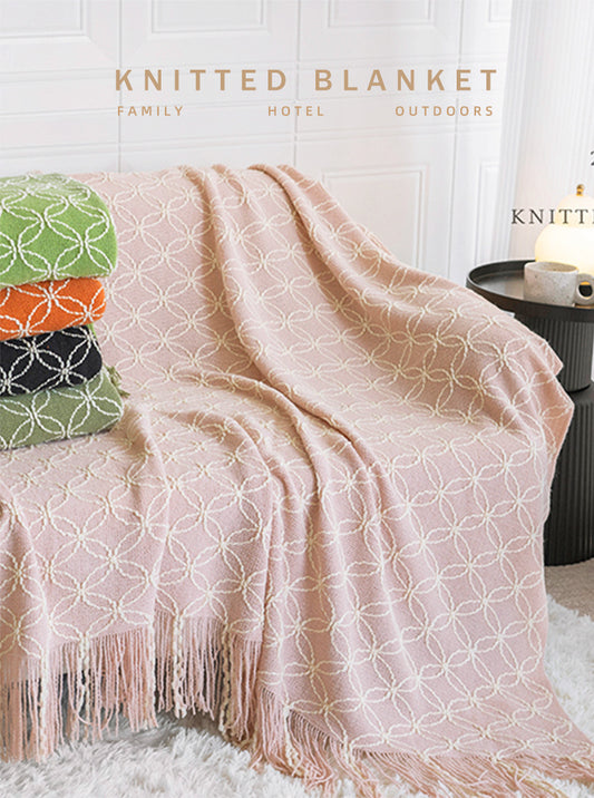 Black Cozy Geometric Knitted Throw Blanket with Tassels - Soft Acrylic Decorative Sofa & Bed Cover, 130x180cm V888-ELOSUNG27993