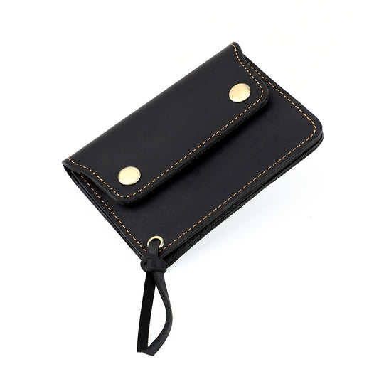 Black Vintage Handmade Crazy Horse Leather Wallet - Compact Card Holder & Zippered Coin Purse with Snap V888-ELOSUNG27996