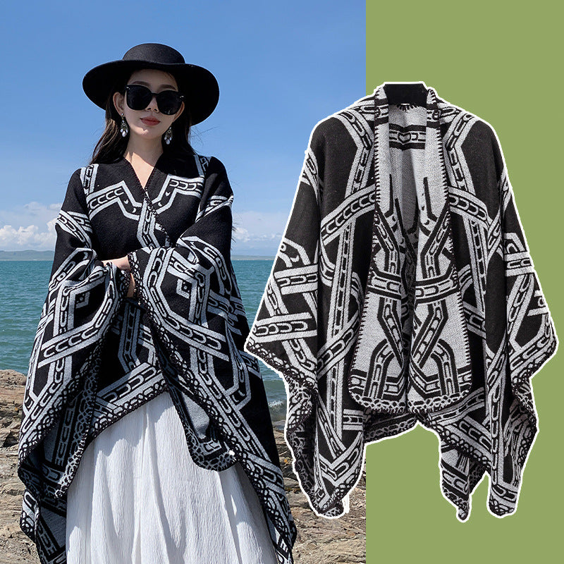 Black-white Bohemian Ethnic Print Blanket Poncho - Warm Windproof Oversized Shawl Wrap (130x150cm) V888-ELOSUNG28056