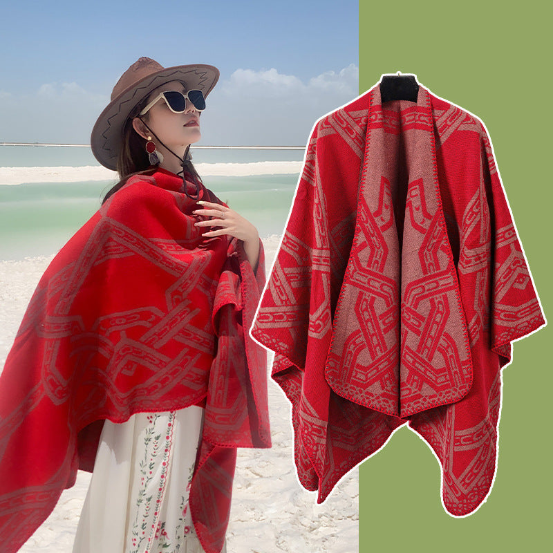 Red Bohemian Ethnic Print Blanket Poncho - Warm Windproof Oversized Shawl Wrap (130x150cm) V888-ELOSUNG28057