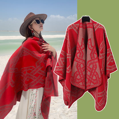 Red Bohemian Ethnic Print Blanket Poncho - Warm Windproof Oversized Shawl Wrap (130x150cm) V888-ELOSUNG28057