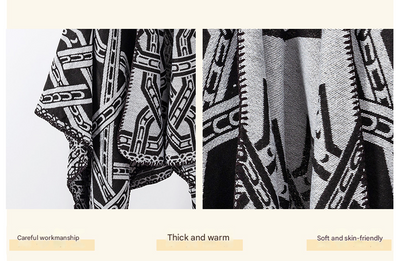Brown Bohemian Ethnic Print Blanket Poncho - Warm Windproof Oversized Shawl Wrap (130x150cm) V888-ELOSUNG28058
