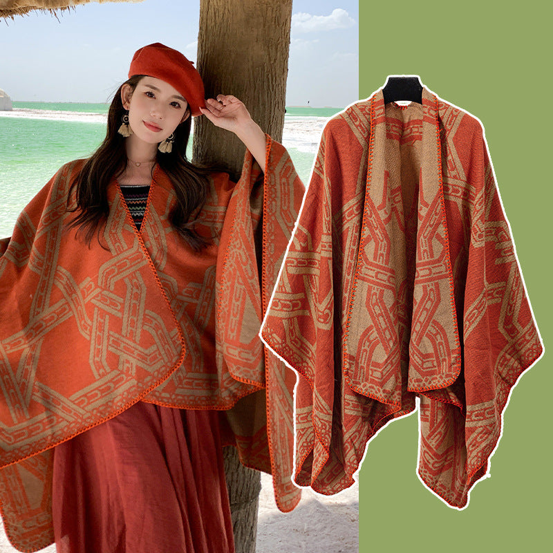 Orange Bohemian Ethnic Print Blanket Poncho - Warm Windproof Oversized Shawl Wrap (130x150cm) V888-ELOSUNG28059