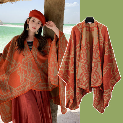 Orange Bohemian Ethnic Print Blanket Poncho - Warm Windproof Oversized Shawl Wrap (130x150cm) V888-ELOSUNG28059