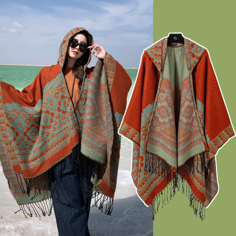 Orange Soft Faux Cashmere Poncho Cape - Oversized Winter Shawl Wrap (130x150cm) V888-ELOSUNG28060