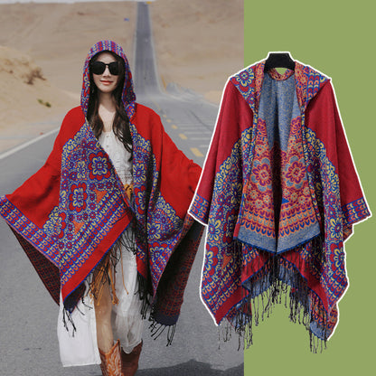 Red Soft Faux Cashmere Poncho Cape - Oversized Winter Shawl Wrap (130x150cm) V888-ELOSUNG28062