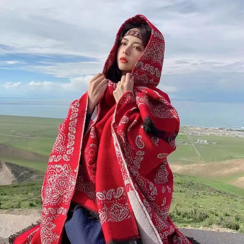 Cashew Red Soft Faux Cashmere Poncho Cape - Oversized Winter Shawl Wrap (130x150cm) V888-ELOSUNG28064