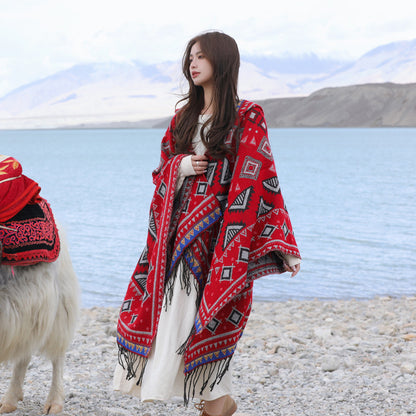 Rhombus Red Soft Faux Cashmere Poncho Cape - Oversized Winter Shawl Wrap (130x150cm) V888-ELOSUNG28065