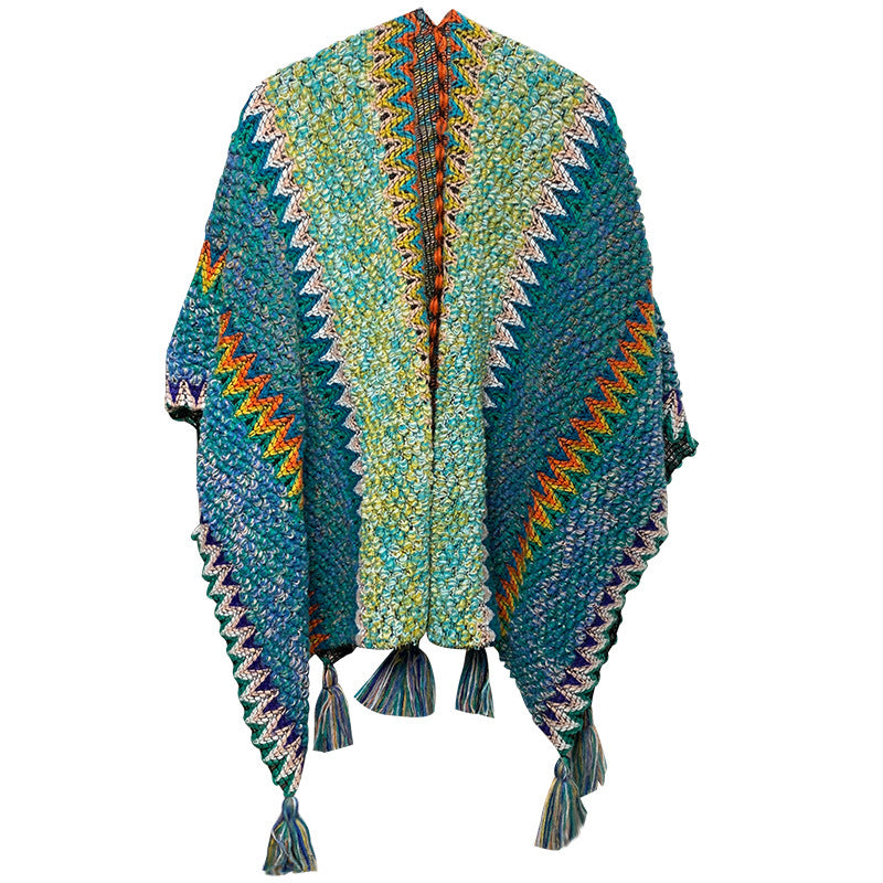 Blue Cozy Knitted Poncho Cape - Thick Mohair Blend Winter Shawl Wrap (106x135cm) V888-ELOSUNG28076
