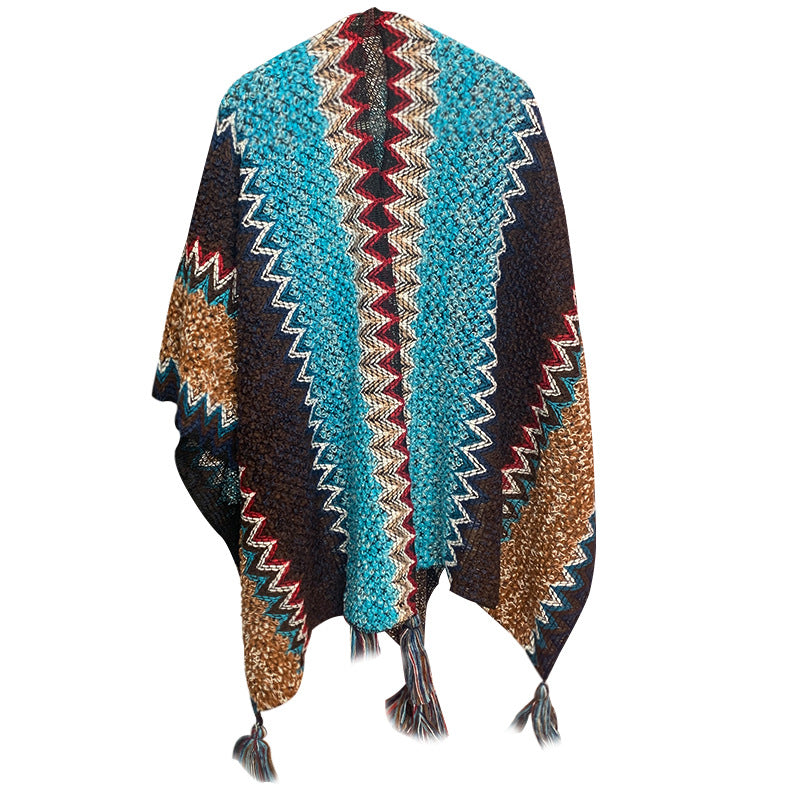 Peacock Blue Cozy Knitted Poncho Cape - Thick Mohair Blend Winter Shawl Wrap (106x135cm) V888-ELOSUNG28077