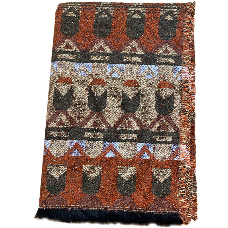 Brick Red Extra Large Ethnic Print Faux Lambswool Shawl - Cozy Winter Wrap Scarf (70x211cm) V888-ELOSUNG28080