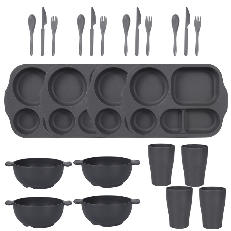 Dark Grey Durable Eco-Friendly Wheat Straw Dinnerware Set - 24 Pieces with Plates, Bowls, Cups & Cutlery V888-ELOSUNG28115