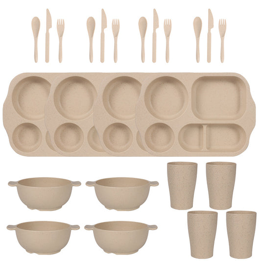 Beige Durable Eco-Friendly Wheat Straw Dinnerware Set - 24 Pieces with Plates, Bowls, Cups & Cutlery V888-ELOSUNG28116