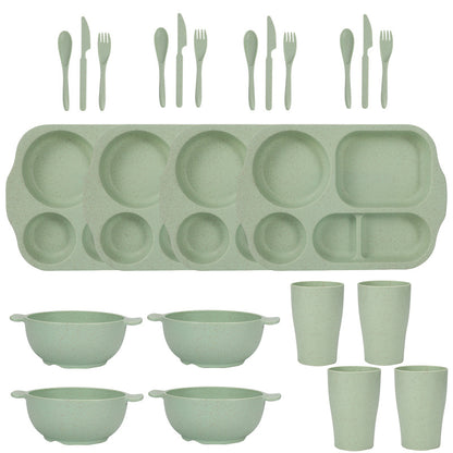 Green Durable Eco-Friendly Wheat Straw Dinnerware Set - 24 Pieces with Plates, Bowls, Cups & Cutlery V888-ELOSUNG28118
