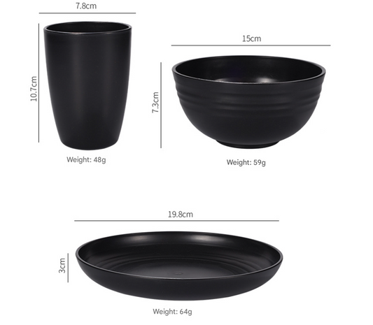 Stylish Black Wheat Straw Dinnerware Set - 24 Pieces Including Plates, Bowls & Cups V888-ELOSUNG28122