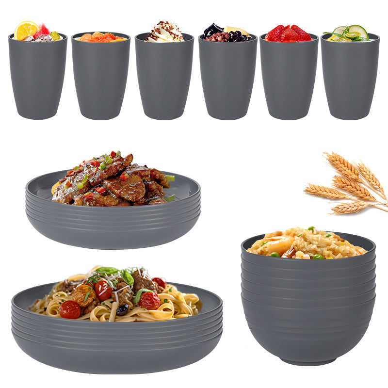 Stylish Dark Grey Wheat Straw Dinnerware Set - 24 Pieces Including Plates, Bowls & Cups V888-ELOSUNG28124