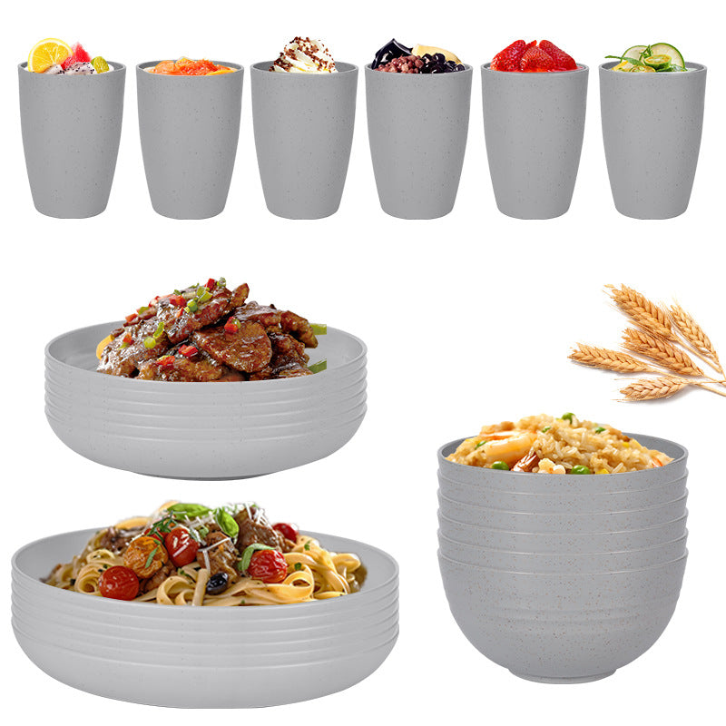 Stylish Light Grey Wheat Straw Dinnerware Set - 24 Pieces Including Plates, Bowls & Cups V888-ELOSUNG28125
