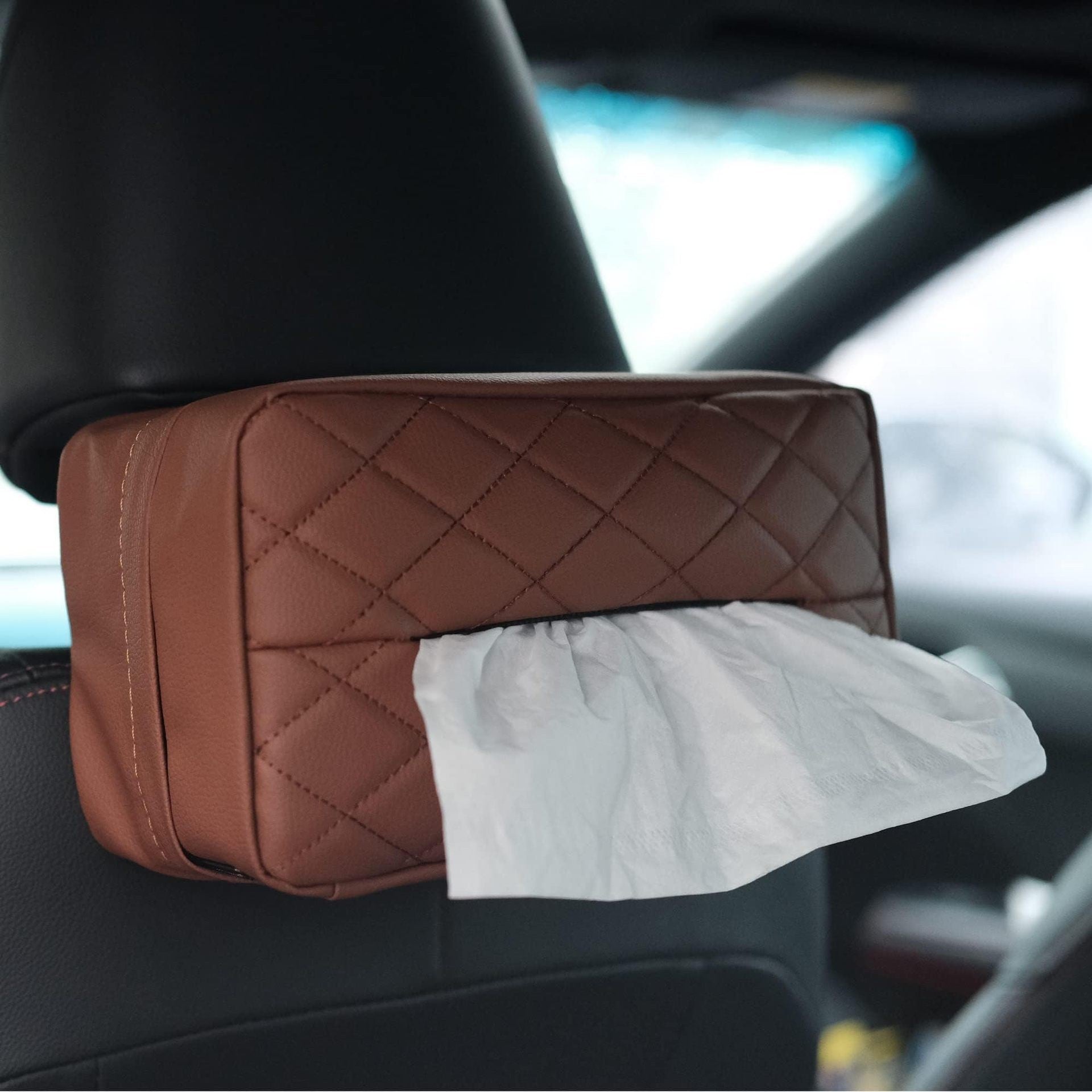Brown Universal Leather Car Tissue Box Holder - Visor, Armrest & Seat Back Mount V888-ELOSUNG28158