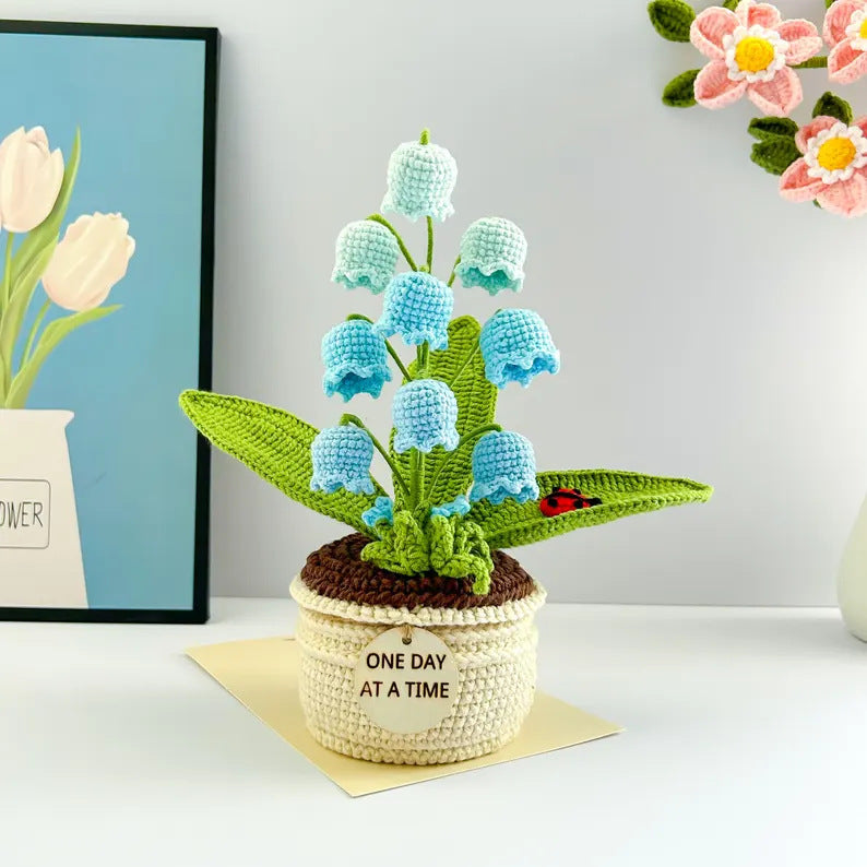 Blue Handmade Crochet Lily of the Valley Potted Plant - Gradient Blue Flower Decor Gift V888-ELOSUNG28174