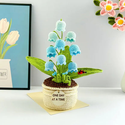 Blue Handmade Crochet Lily of the Valley Potted Plant - Gradient Blue Flower Decor Gift V888-ELOSUNG28174