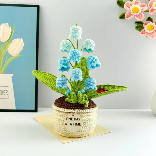 Blue Handmade Crochet Lily of the Valley Potted Plant - Gradient Blue Flower Decor Gift V888-ELOSUNG28174