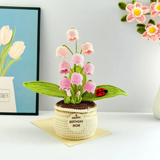 Pink Handmade Crochet Lily of the Valley Potted Plant - Gradient Blue Flower Decor Gift V888-ELOSUNG28175