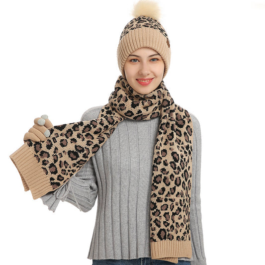 Beige Women's Leopard Print Winter Warm Knit Set - 3 Piece Fleece Lined Hat, Scarf & Gloves V888-ELOSUNG28183