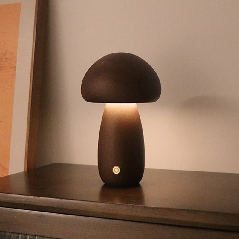Dun-dun Model Dark Brown Solid Wood Mushroom LED Table Lamp - Rechargeable Touch Control Bedside Night Light V888-ELOSUNG28192
