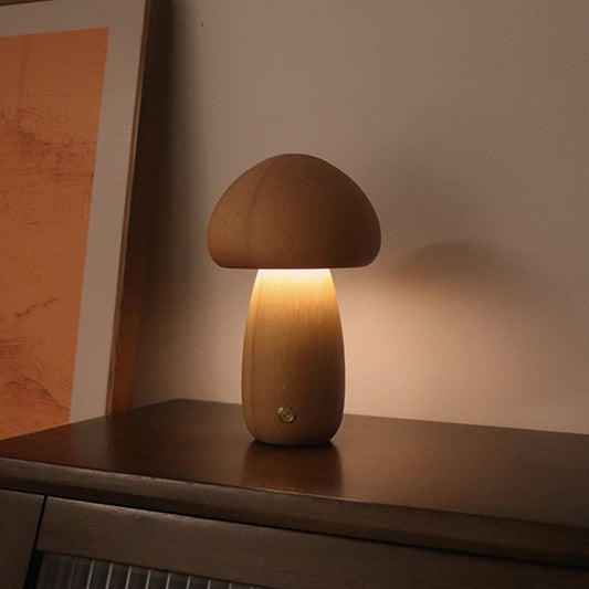 Dun-dun Model Brown Solid Wood Mushroom LED Table Lamp - Rechargeable Touch Control Bedside Night Light V888-ELOSUNG28193
