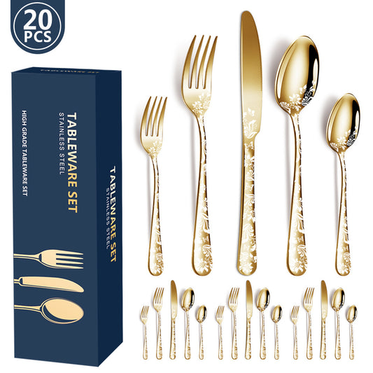 Gold Elegant 20-Piece Stainless Steel Cutlery Set with Floral Design - Dinner & Steak Knives, Forks, Spoons V888-ELOSUNG28243