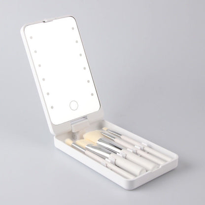 White LED Lighted Makeup Mirror with 5-Piece Cosmetic Brush Set and Dustproof Storage Case V888-ELOSUNG28255