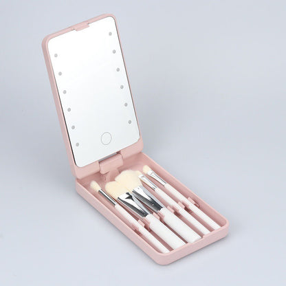 Pink LED Lighted Makeup Mirror with 5-Piece Cosmetic Brush Set and Dustproof Storage Case V888-ELOSUNG28256