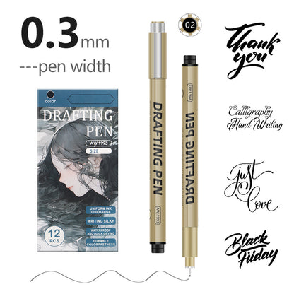0.35mm 12-Piece Precision Drawing Pen Set - Waterproof Anime Sketching Pens for Students, Assorted Tips V888-ELOSUNG28291