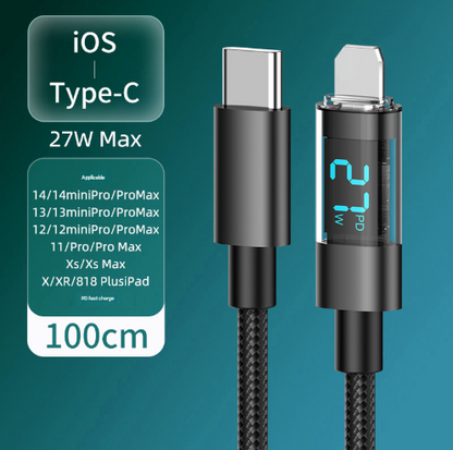 1 Meter IOS To Type-C 4-Piece Set 1m 100W Super Fast Charge Transparent Aluminum Shell Digital Display Data V888-ELOSUNG28307