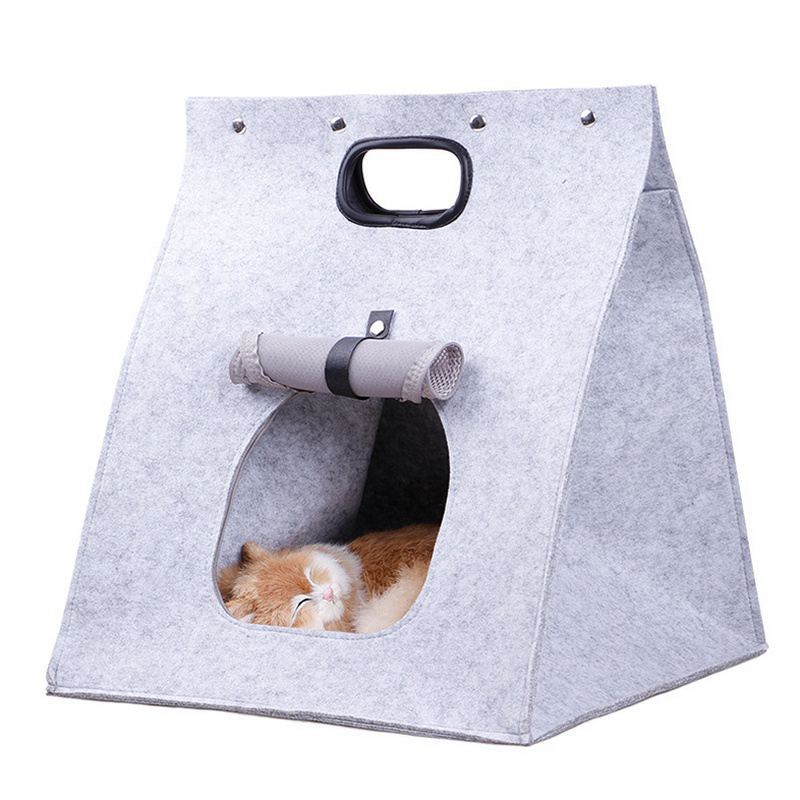 Grey Cozy A-Frame Felt Pet Teepee - Foldable & Portable Cat Cave Bed with Easy Carry Handle V888-ELOSUNG28315