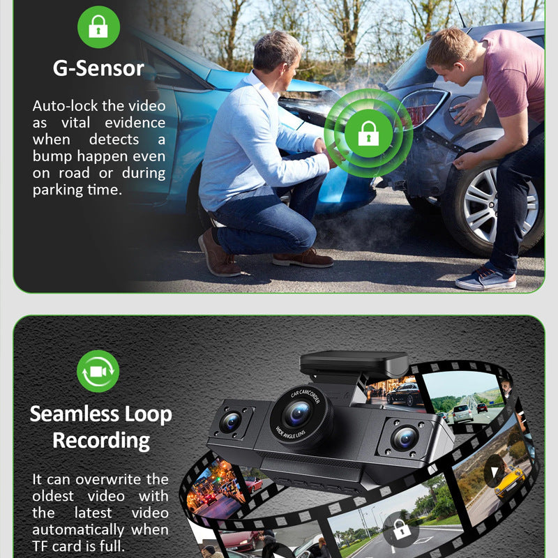 3-Inch HD 1080P Dash Cam - Front, Rear, and Left Recording, 19x12x8cm V888-ELOSUNG28349