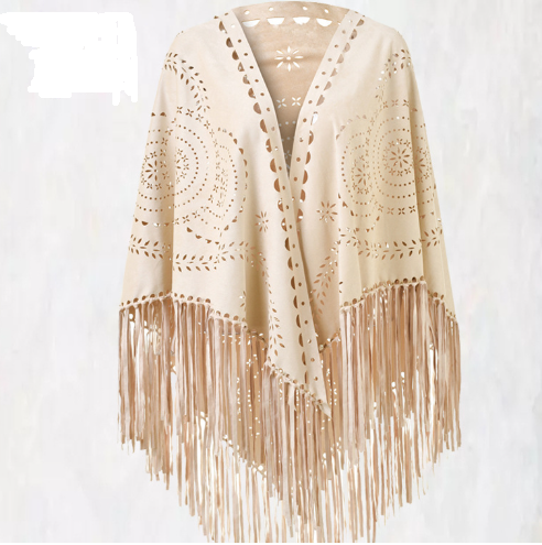 Beige Suede Wheat Tassel Triangle Scarf - Autumn Warm Shawl for Women, Hollow-Out Fringe Design V888-ELOSUNG28373