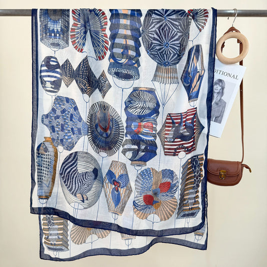 2-Piece Blue Border Retro Lantern Print Scarf - Fashionable Niche Design for Women V888-ELOSUNG28378