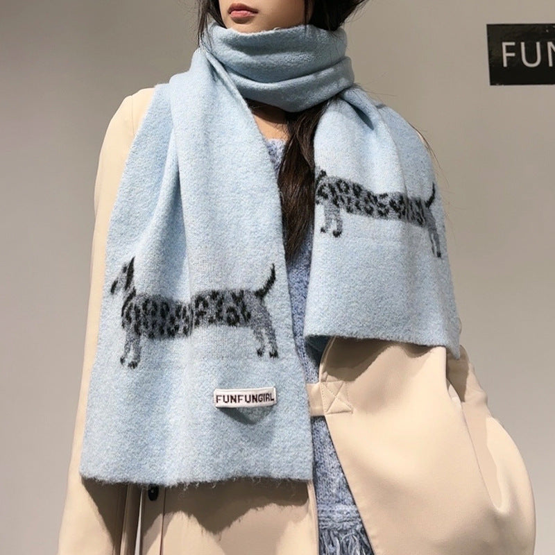 Blue Cute Korean-Style Wool Scarf with Dog Design - Unisex Knitted Winter Neck Wrap V888-ELOSUNG28387