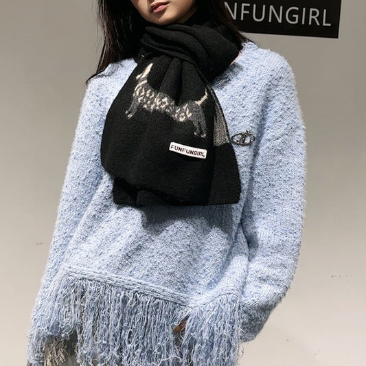 Black Cute Korean-Style Wool Scarf with Dog Design - Unisex Knitted Winter Neck Wrap V888-ELOSUNG28388