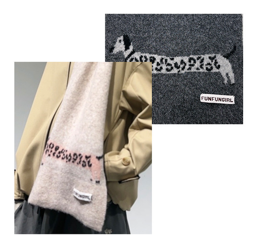 Black Cute Korean-Style Wool Scarf with Dog Design - Unisex Knitted Winter Neck Wrap V888-ELOSUNG28388