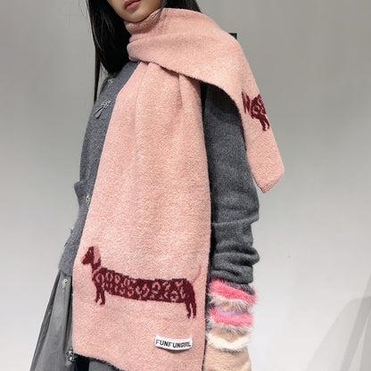 Pink Cute Korean-Style Wool Scarf with Dog Design - Unisex Knitted Winter Neck Wrap V888-ELOSUNG28389