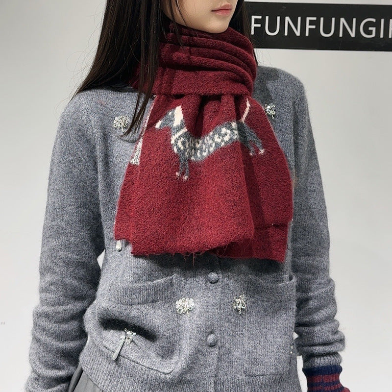 Red Cute Korean-Style Wool Scarf with Dog Design - Unisex Knitted Winter Neck Wrap V888-ELOSUNG28391