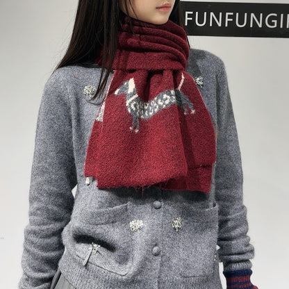 Red Cute Korean-Style Wool Scarf with Dog Design - Unisex Knitted Winter Neck Wrap V888-ELOSUNG28391
