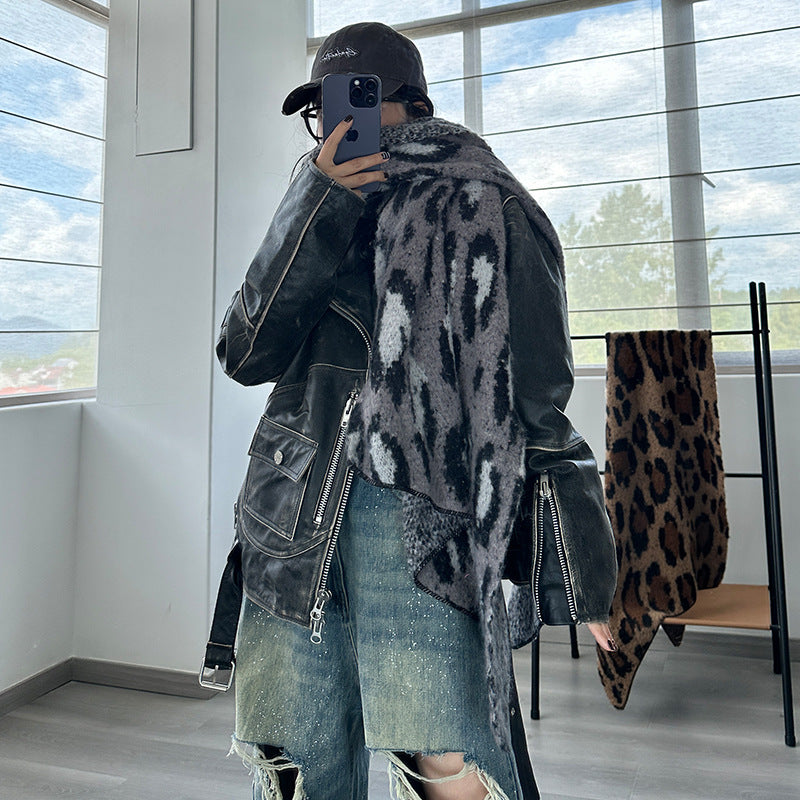 Grey Leopard Luxurious Thick Faux Cashmere Knitted Shawl - Versatile 55 x 210 cm Winter Scarf V888-ELOSUNG28395