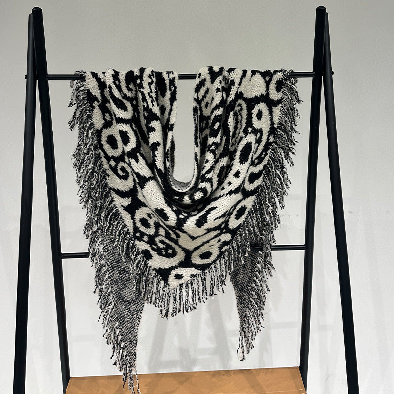 Black-white Luxurious Fringe Wool and Lambswool Scarf for Women - Thick Warm 60 x 170 cm Shawl V888-ELOSUNG28404