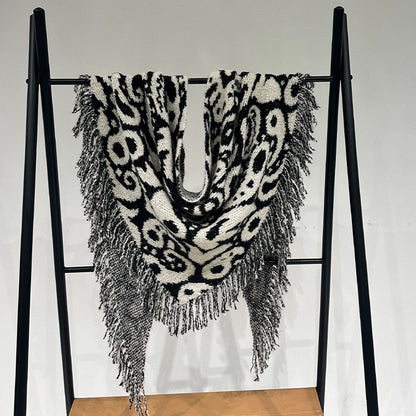 Black-white Luxurious Fringe Wool and Lambswool Scarf for Women - Thick Warm 60 x 170 cm Shawl V888-ELOSUNG28404