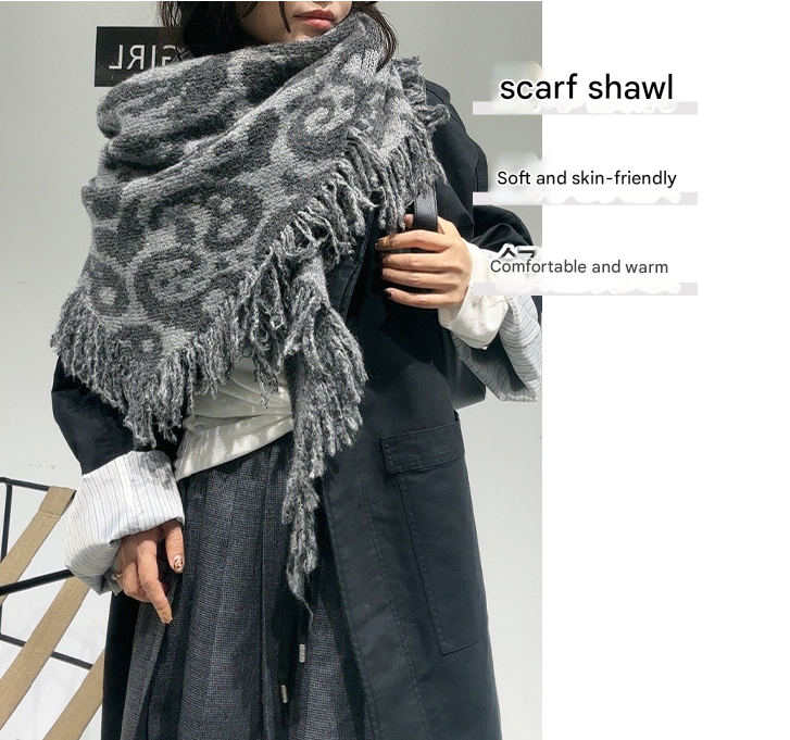 Black-white Luxurious Fringe Wool and Lambswool Scarf for Women - Thick Warm 60 x 170 cm Shawl V888-ELOSUNG28404