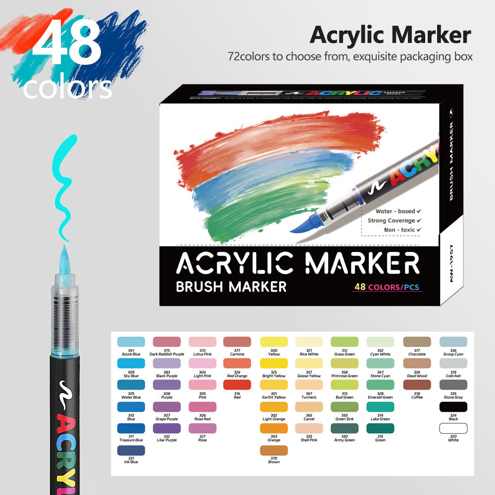 48 Colour Set Vibrant Cyan Acrylic Marker with Soft Brush Tip - 13.8 cm Professional Art Pen V888-ELOSUNG28417